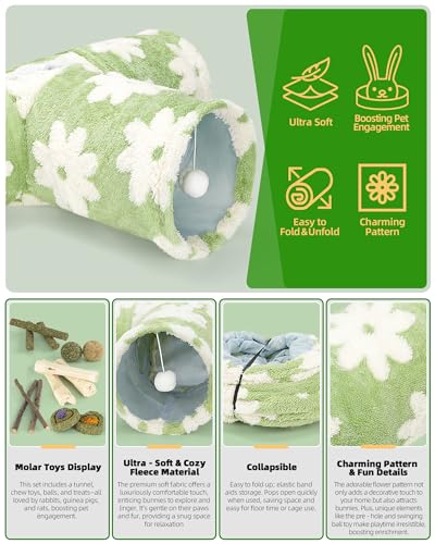 Bunny Tunnels & Tubes Collapsible 3 Way Rabbit Hideout with 13pcs Toys for Bunny Guinea Pig Hamster Chinchilla Hedgehog Rat Ferret Kitten (Flannel Flower) - color: Flannel Flower