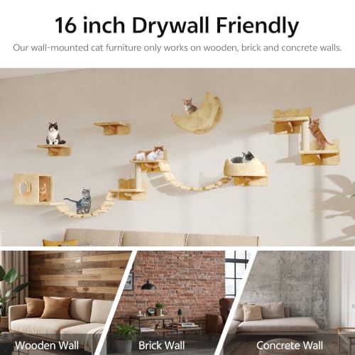 13-in-1 Cat Wall Shelves, Moon & Bridge Cat Wall Furniture, Beige | Wall Mounted Cats Shelf Set with Plush Fabric, Cat Climbing Systems for 16 Inch Drywall, Condo, Scratching Post, Space-Saving - color: Beige, size: 13-in-1