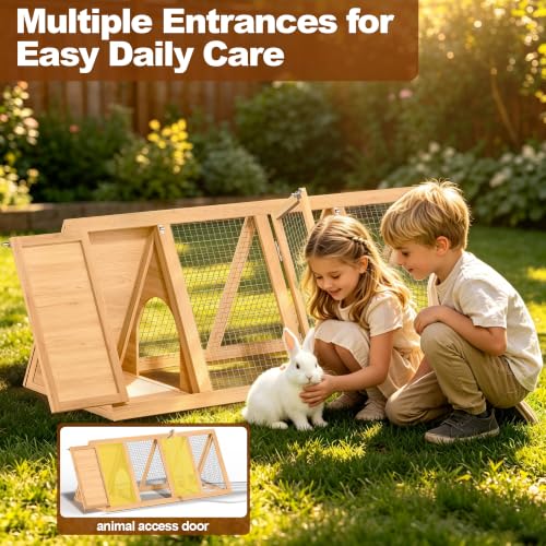 Small Chicken Coop, Wooden Rabbit Hutch Outdoor, Triangular Bunny Cage with Run, 2 Door Small Animal House for Rabbits, Guinea Pigs, Chickens(Backyard)