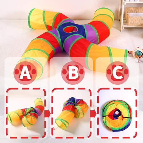 Pet Cat Tunnel, 4 Way Tunnels for Indoor Cats, Collapsible Pet Tunnel for Kitten, Puppy, Rabbit, 25cm-Wide Tunnels, Durable & Breathable, with Peek Hole Toy Ball - color: Angled 4-way Junction Tunnel & Rainbow