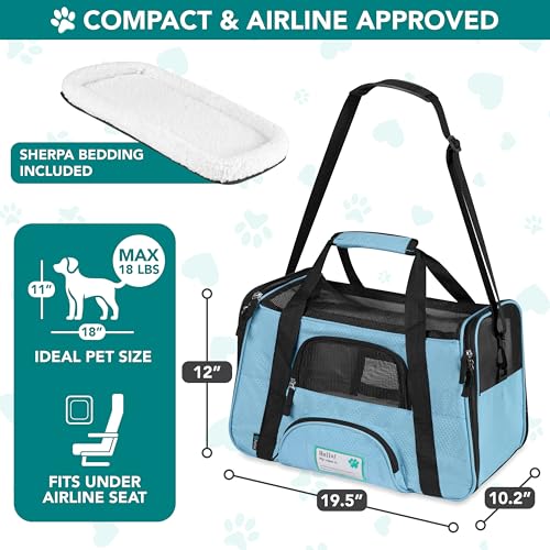 PetAmi Airline Approved Pet Carrier for Cats & Small Dogs, Large Light Blue | Soft Sided TSA Travel Bag, Sherpa Bed, Breathable Mesh Ventilation, Collapsible Bowl, Fits Under Seat, Up to 18 lbs - color: Light Blue, size: Large - 19.5"L x 10.2"W x 12"H