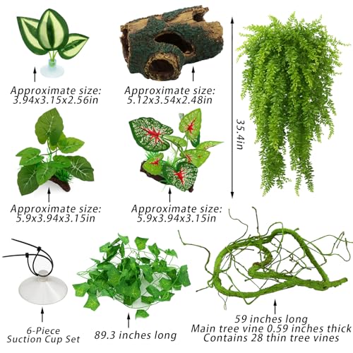 13 PCS Reptile Reptile Eco Bottle Decoration Set - vines, eco bottle plants, hanging greenery, leaf feeders, lizards, geckos, bearded dragons Landscape drawn hideout logs and habitat accessories