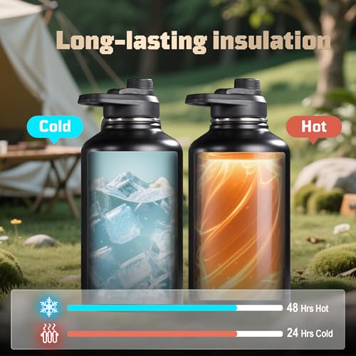 ONETIGRIS 64oz Tactical Insulated Water Bottle with 3 Lids & MOLLE Pouch | 48H Cold & 24H Hot Double Wall, 304 Stainless Steel Wide Mouth, BPA Free Leakproof Silicone Seal, Paracord Handle Easy Carry - color: Black