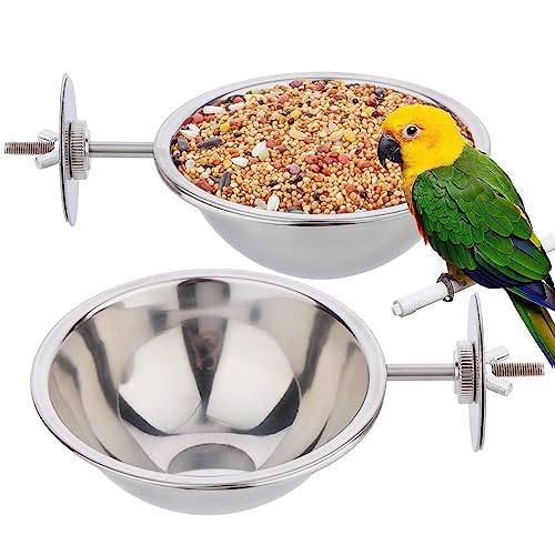 2 Pack Bird Feeding Dish Cup, Stainless Steel Birdcage Food Bowl with Clamp Holder for Bird Parrot Parakeet Macaw Finches Lovebirds Cockatiel Conure Budgies