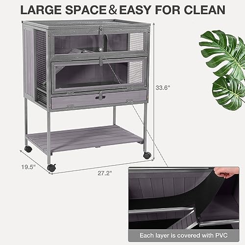 Guinea Pig Cage, Moveable Metal Frame Hamster Cage Anti-Chewing with Aluminium Alloy Edge, Hideouts, Ramps, Seesaws Chewing Toy, Deeper Pull-Out Leakproof Tray for Indoor Outdoor(Grey) - color: Grey