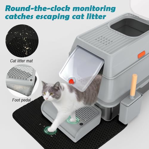 SZEE XL Stainless Steel Litter Box with Lid, Extra Large Metal Covered Litter Box, Stainless Box Easy Clean, Activated Charcoal Odor Control Design, Includes Litter Scoop & Mat & Step, Grey - color: Gray