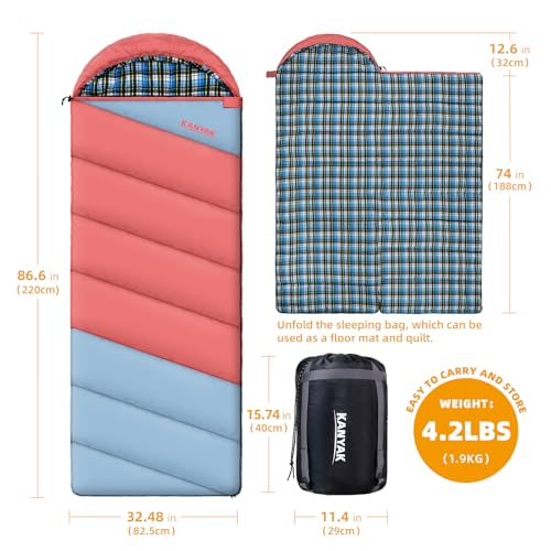 Cotton Flannel Lined Sleeping Bag for Adults Teens Kids, Cold Weather & Warm, 3 Seasons, Lightweight Compact Camping Essentials Equipment, Hiking, Outdoor, Travel - color: Pink Blue