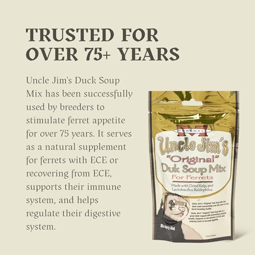 Marshall Uncle Jim’s DUK Soup Mix for Ferrets – 4.5 oz Each – Digestive Support, Recovery & Vitality Aid – Includes 2 Squeaky Toys for Enrichment & Fun – (Pack of 4)