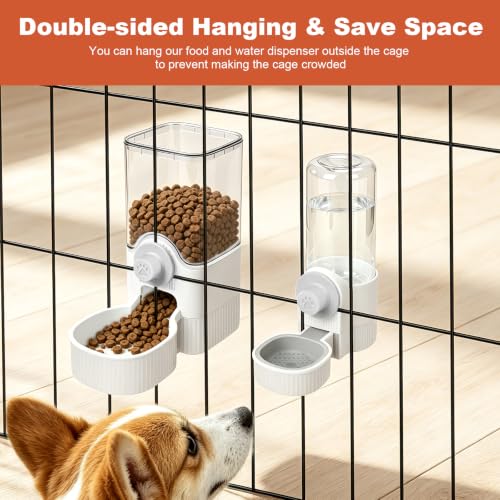 Hanging Cage Auto Small Pet Feeder Waterer Set for Puppy Cats, White | 1.2L Self-Feeding Feeder, 0.52L Waterer Set, Non-Spill Auto Gravity Kennel Feeding Station For Puppy Cats Rabbit Ferret - color: Pure White