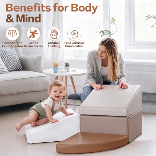 Sumbababy Toddler Climbing Toys Indoor 4 Piece Foam Climbing Blocks Wipe Clean Leather Soft Play Climbing Set for 1 Year Old Beginner Climber Nursery Playroom Neutral Tones - style: Gray/White
