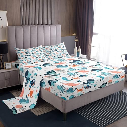 Cute Whale Bed Sheets Full Size, Kids Kawaii Cartoon Octopus Sheet Set, Jellyfish Shell Starfish Crab Fitted Sheet For Little Boys Girls, Ocean Beach Sea Animals Bedding Set With Kawaii Flat Sheet - color: Multi 08, size: Full