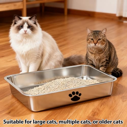 Stainless Steel Cat Litter Box, Indoor Litter Tray Pet Toilet Supplies,XXL 4in Shallow Metal Litter Pan for Senior Cats and Kittens,Multi-Cat Households, Non-Odor, Non-Stick, Easy to Clean - size: 23.6" x 15.8" x 4"