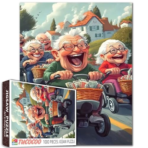 Old Friends Dating Together 1000 Piece Jigsaw Puzzles for Adults Old Man Riding Bike Painting Jigsaw Puzzle Happiness Elder 1000 Pieces Puzzles Game Home Wall Decor DIY Craft Puzzle Art Gift(Colorful) - color: Artwork-13