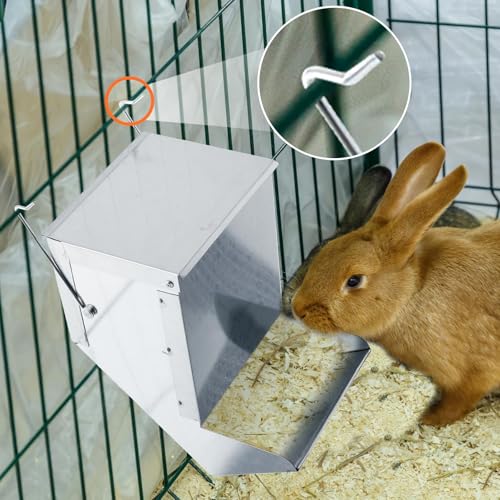 2 Pcs Rabbit Feeder for Cages Small Animal Food Pellet Dispenser with Lid Metal Chicken Grit Oyster Shell Squirrel Feeders Outside(4.7 Inches,Mesh Bottom,Silver) - color: Silver, size: 4.7 Inches, style: Mesh Bottom