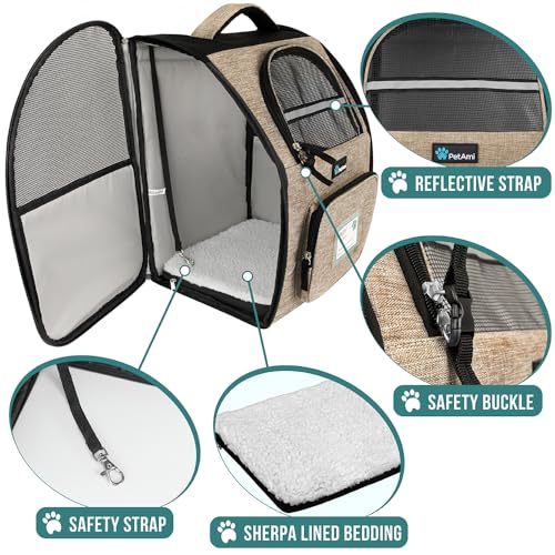 PetAmi Dog Backpack Carrier Airline Approved Cat Pet Puppy Bag, Taupe | Ideal for Small Medium Large Pet up to 18 lb, 2 Side Entry Structured No-Collapse Frame, Ventilated Bookbag for Hiking Travel - color: Heather Taupe
