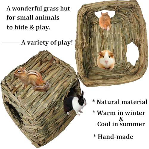 PINVNBY Guinea Pig Grass House Bunny Hay Hideout Tunnel Small Pet Straw Hut with Chew Toys for Bunny Hamster Rat Chinchilla Hedgehog Gerbil (Ball at Random)