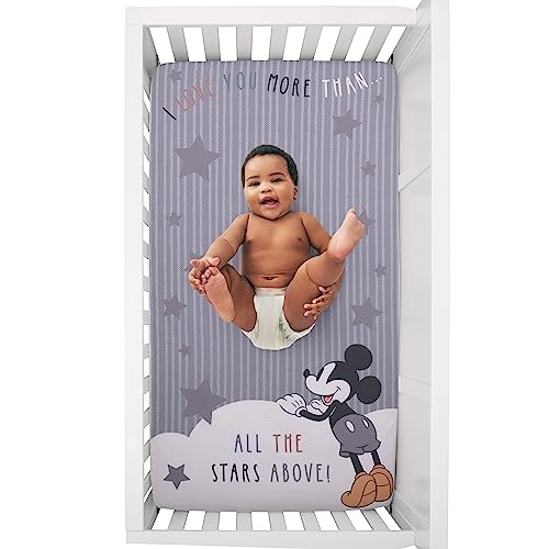 NoJo Disney Mickey Mouse Love Mickey Gray, White, and Tan I Love You More Than All The Stars Above Photo Op 100% Cotton Fitted Crib Sheet - color: Mickey Mouse Love