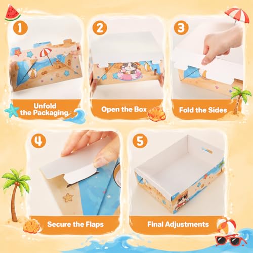 Domensi 10 Pack Travel Litter Box for Cats, Summer Portable Litter Box, Disposable Foldable Waterproof Cardboard Temporary Use Cartoon Cute Beach Theme for Kittens Rabbits Pigs, Gift for Cat Lovers