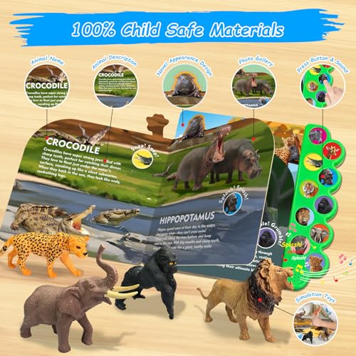 iGRATENS Safari Animals Figures Toys with Sound Books, 10PCS Realistic Jungle Animals Figures & Safari Animals Book with 10 Buttons, Zoo Animal Toys, Learning Toy for 3+ Year Old Boys, Girls, Kids - style: Safari Animals