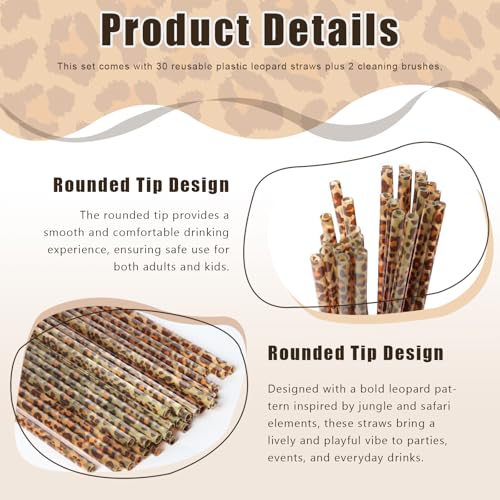 30 Pcs Reusable Brown Leopard Print Straws Cheetah Print Plastic Drinking Straws with 2 Cleaning Brushes for Animal Print Party Favors Safari Birthday Party Supplies - color: Brown