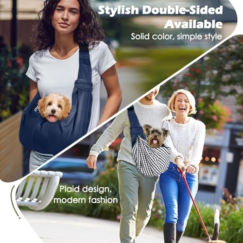 Pawaboo Small Dog Sling Carrier, Reversible Hands Free Dog Sling Carriers for Small Dogs and Cats, Puppy Slings Carrier with Adjustable Strap Buckle & Safety Harness, Puppy Essentials, Navy Blue - color: Navy Blue