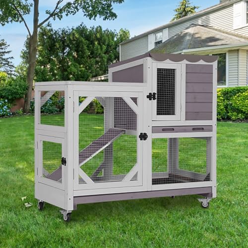 GUTINNEEN Rabbit Hutch Indoor Outdoor 2 Story Bunny House on Wheels Wood Rabbit Cage with 2 Pull Out Trays Guinea Pig Cage (Gray) - size: 39.3"L Rabbit Hutch Grey