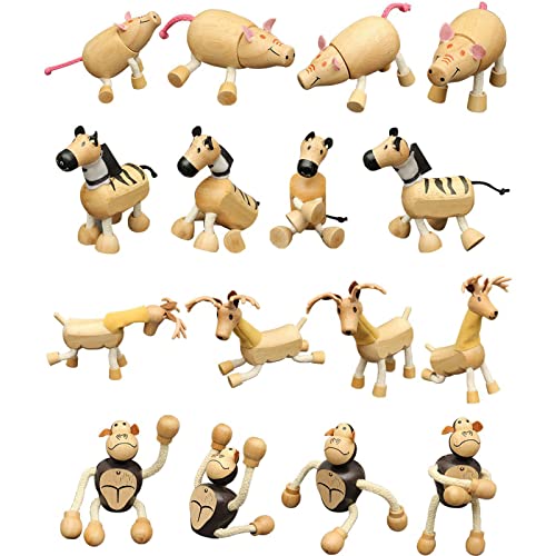 14 Pack Bendable Wooden Animal Toys, Smooth Natural Wood Zoo Farm Jungle Safari Animals Figures - color: 14 Pack Animals
