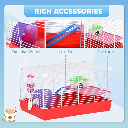 PawHut 18.5" Hamster Cage Exercise Wheel Water Bottle 2-Story Design Red | Dish, Rat House, Habitat