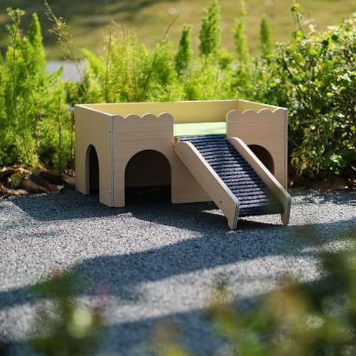 Wooden Guinea Pig Hideout Castle with Stairs,Small Animal Bed Hut Habitats Spacious 2-Level Detachable Small Pet House for Rabbits, Hamsters & Chinchillas Bunny (Green) - color: Green