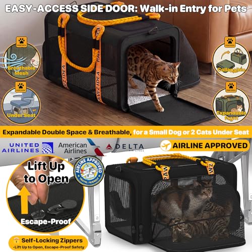 PAWZIDEA Expandable Pet Carrier for Small Cats & Dogs, TSA Airline Approved | 18"×11"×11" Soft-Sided Small Dog Travel Bag, Collapsible Top-Load Cat Carrier for 2 Cats Under Seat, Puppy Car Seat Up 15lbs - color: Black Warrior, size: 18.0"L x 11.0"W x 11.0