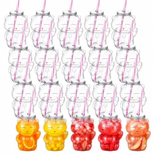 Sliner Lucky Cat Bottles with Straws Including 20 Pcs Empty Plastic Cats Drink Bottle & 20 Pcs Straws & Caps for Christmas Party Juice Milk Cup Drink Water Containers(20 Set, Lucky Cat) - style: Lucky Cat