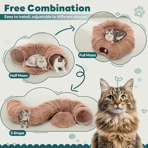 DUMOS Cat Tunnel Bed for Indoor Cats, Cave Donut Play Tunnel - Brown | Soft Plush Peekaboo, Washable Circle Cushion, Multifunctional Playground Under Tree Toys for Kittens, Puppy, Rabbit, Ferret - color: Brown
