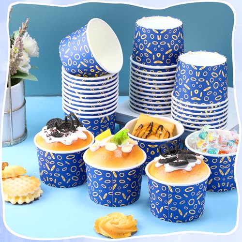 Jingmore 100 Pcs Ice Cream Paper Cups Bulk 8 oz Disposable Dessert Bowls for Hot or Cold Food Snack Treats Gift for Birthday Summer Party Favor Decoration(Blue Gold Ring) - style: Blue Gold Ring