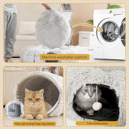 CLKHOWL Cat Tunnel Bed for Indoor Cats - Cute Cat Donut Tunnel with Washable Circle Cushion, Round Pet Play Toy for Kitten/Puppy/Rabbit, Grey