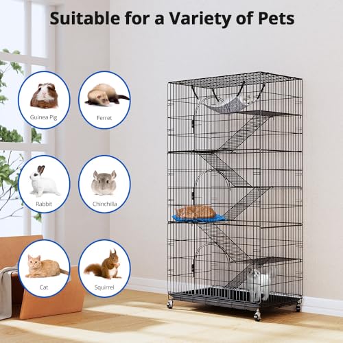 Large Cat Cage, 72 Inch 6-Tier Cat Playpen with Wheels Indoor Outdoor | 36x22x72” multi-level Enclosure, 3 Doors, Removable Tray, Rolling Wheels, Hammock, Cat Playpen for Kitten & Small Animals - size: 36.0"L x 22.0"W x 72.0"H