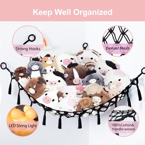 Stuffed Animal Net or Hammock with Light,Yewiwin Macrame Hanging Net Hammock for Stuffed Animal Toy Storage Organizer Boho Decor Room Holder for Nursery Play Room Bedroom (Black(55"*55"*72")) - color: Black(55"*55"*72")