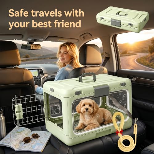 Foldable Hard Cat Carrier, Transparent Pet Crate for Cats & Small Dogs, Collapsible Travel Kennel with Ventilation & Urine Pad Mesh Grid, Portable Travel cage, Essential for pet Travel, White - color: White