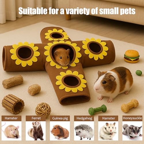 Guinea Pig Hideout and Toys, 4-Way Collapsible Small Pet Tunnels and Tubes with Sunflower Peepholes for Bunny Rabbit Ferret Hamster Chinchilla Hedgehog Hiding and Resting, 26.4in Long，Brown