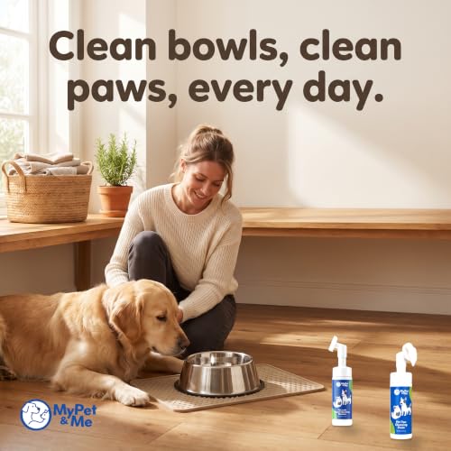 My Pet & Me Dog Bowl Cleaner Mousse, Built-in Scrub Brush, Enzyme Foam | Enzyme foam for slime & biofilm. Unscented, rinses clean. Steel, ceramic & plastic safe. Bowls, fountains & toys. 4.05 oz