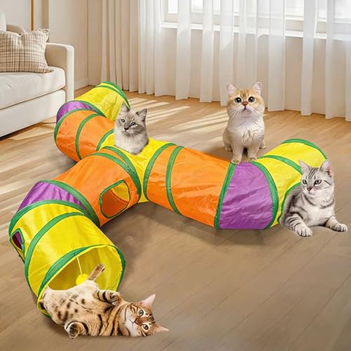 3-Way Cat Tunnels for Indoor Cats with Peek Hole, Large Foldable Rainbow Pet Tube Toy with Hanging Ball, Fun Interactive Toys for Kittens, Rabbits, Small Dogs - size: T Shape