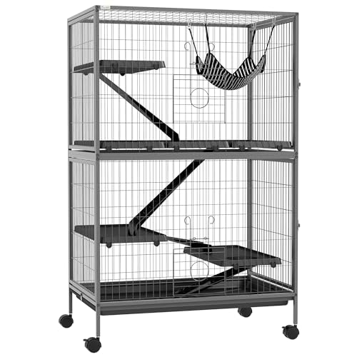PawHut Metal Small Animal Cage, 5-Tiers Rolling Big Ferret Cage, Gray | with Hammock, Removable Tray, for Chinchilla, Sugar Glider - color: Grey, size: 31.5"L x 20.5"W x 50.5"H