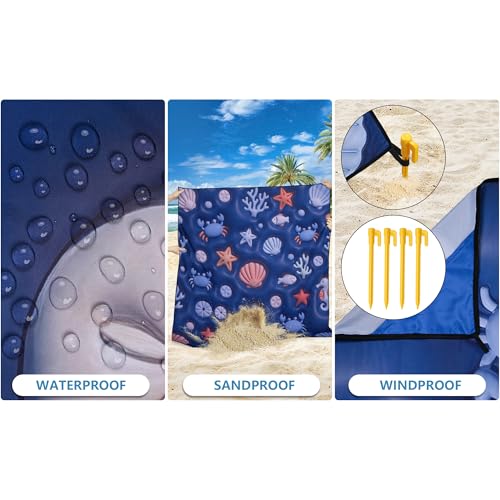 WIWIGO Beach Blanket Mat Waterproof Sandproof for 2-8 Adults Quick Drying | Extra Large, For 2-8 Adults,Windproof, Outdoor Picnic Mat, Beach Accessories Must Have,Gifts, for Travel, Camping, Hiking - color: 3d - Ocean Deep Blue, size: 79" X 83"（1-4person）