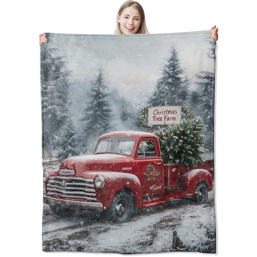 Holiday Truck Flannel Throw Blanket 40x50 Inch, Red Vintage Car with Christmas Tree in Snowy Forest Blankets Soft Cozy Fleece Throws for Adults Bed Sofa Dorm Living Room Winter Decor Gifts - color: Red Truck Christmas01, size: 40"x50"