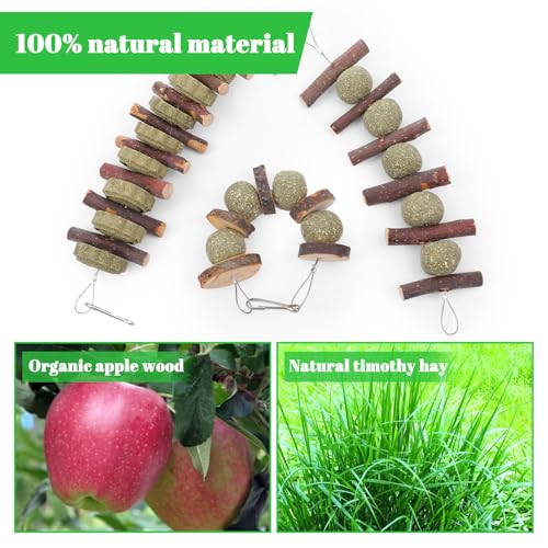 7 Pcs Bunny Chew Toys, Natural Apple Wood Hanging Rabbit Chew Toy Treats for Guinea Pigs Hamsters Chinchilla Ferret Rats, Improve Small Animal Dental Health for Teeth Grinding