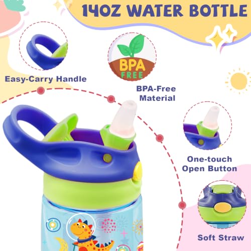 Kids Plastic Water Bottle - Dinosaur Water Bottles for Kids, 14oz Plastic Water Bottles with Straw Lid, Leakproof BPA-Free Dinosaur Water Bottle for Home Sports Travel, Pop-Up Straw Cover, Blue - color: Dino