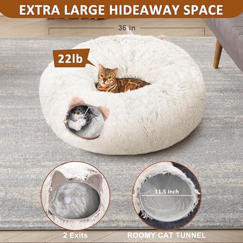 Cat Tunnel with Cat Bed for Indoor Cats, Soft Plush Peekaboo Cat Cave Donut Tunnel, Multifunctional Playground Toys Hideplace for Small Medium Large Kittens, Rabbit, Ferret (Cream White) - color: Cream white