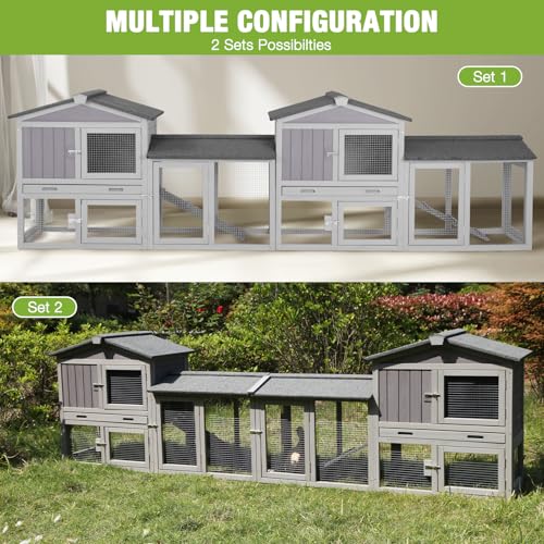 GUTINNEEN Chicken Coop Hen House with Run Outdoor Rabbit Cage Indoor Bunny Hutch with Waterproof Roof Poultry Cage,Rabbit Hutch with No Leakage Pull Out Tray (Two Sets) - color: Combination-Grey