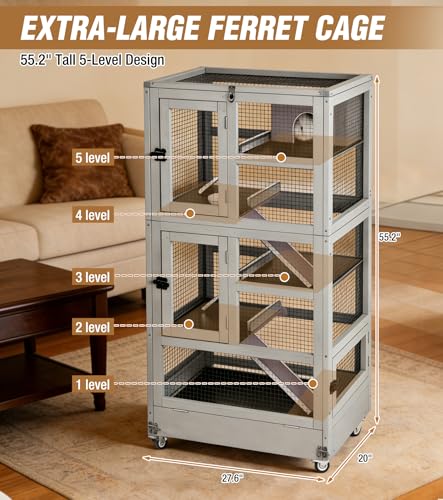 Ferret Cage Large, 5-Level Chinchilla Cage with Anti-Chewing Aluminum Frame, 55.2” Rat Hutch with Easy-Clean Deep Tray, Lockable Wheels, for Indoor & Outdoor - size: 27.6” x 20“ x 55.2“