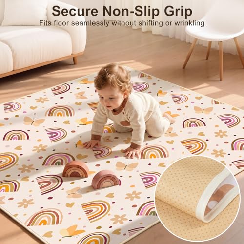 Basumee Splat Mat for Under High Chair, Waterproof & Mess-Proof Floor Mat | 46"×42" Baby Splash Mat, Non Slip Bottom, 4-Layer Fabric, Food & Liquid Catcher, Machine Wash for Boy Girl, Meals, BLW, Craft - color: Brown Rainbow, size: 46x42 Inches