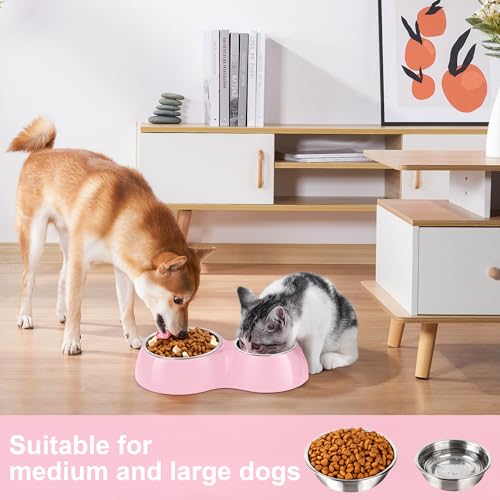 Double Dog Bowls Set – Non-Slip Pet Food & Water Dishes with Resin Stand, Includes Small (1 Cup) & Medium (2 Cups) Bowls – Ideal for Puppies and Cats– Pink - color: Pink, size: Medium